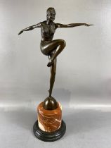 Art Deco metal sculpture of a dancing woman on a marble base approximately 54cm high