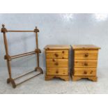 Pair of three drawer pine bedside cabinets and a pine towel rail