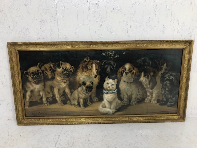 Antique prints, sentimental Victorian print by Louis Wain depicting several puppy's staring