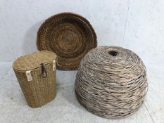 Collection of wicker items to include a large wicker lamp shade