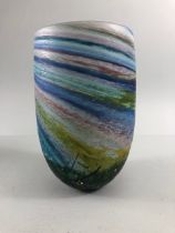 Studio art glass, hand blown tall wide mouth vase of opaque finish with stylised design of