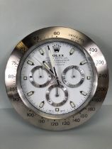 Wall clock in the style of a dealer display clock, Rolex Oyster Perpetual, with battery movement