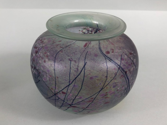 Studio / art glass, three hand blown studio glass pots of opaque greenish glass with stylised design - Image 2 of 7