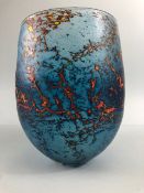 studio art glass, hand blown opaque green blue wide mouth vase with splash lava design in fire