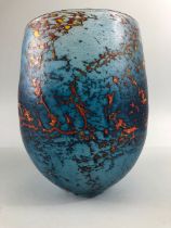 studio art glass, hand blown opaque green blue wide mouth vase with splash lava design in fire