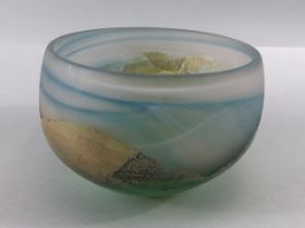 Studio art glass, glass bowl decorated with a landscape design pontil bottom with a signature (