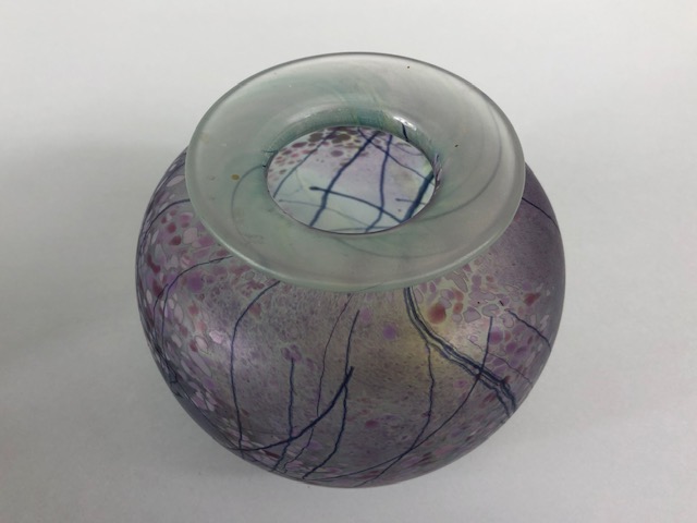 Studio / art glass, three hand blown studio glass pots of opaque greenish glass with stylised design - Image 3 of 7