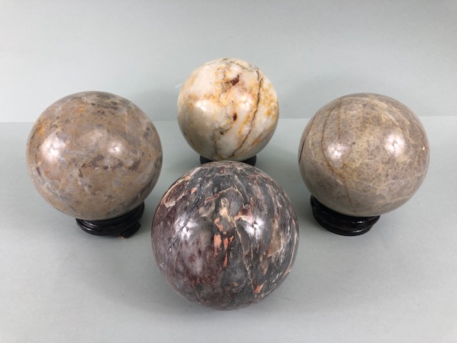 Crystal / Geology interest, Four large polished stone specimen marble spheres approximately 9cm