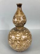 Oriental ceramics, Chinese gourd vase in an archaic style with incised decoration approximately 27cm