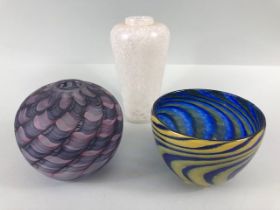 Studio Art Glass, 3 items of studio glass being a mottled white glass vase with pontil bottom a