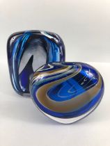 Studio Art Glass Two hand blown vases, twin wall glass with swirl designs in blue tones one of
