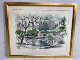 Decorative print, framed John Haymann print of Central Park Lake New York 70 x 58 cm