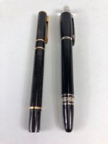 Mont Blanc fountain pen with black barrel and black cap with floating emblem, damaged box, along