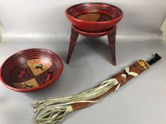 Vintage Retro, 1970s Mexican, Inca design lacquer painted stool and 2 dishes in a matching design