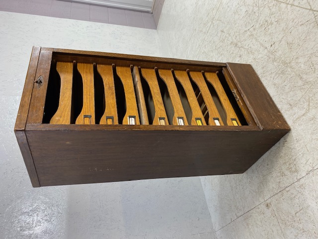 Dark stained roll front collectors or music cabinet, run of 9 internal drawers with scallop fronts - Image 3 of 20