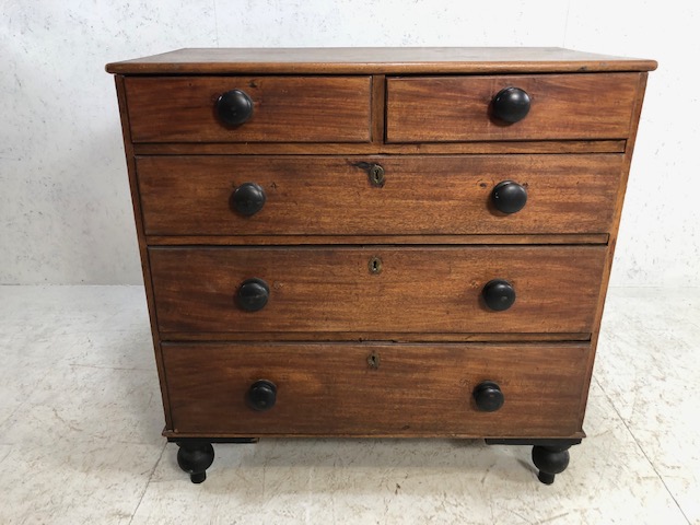 Victorian stained pine chest of five drawers with turned handles on turned feet, approx 93cm x
