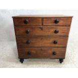 Victorian stained pine chest of five drawers with turned handles on turned feet, approx 93cm x