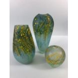 Studio art glass, three hand blown glass vases of greenish opaque glass with splash and line work in