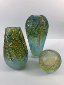 Studio art glass, three hand blown glass vases of greenish opaque glass with splash and line work in