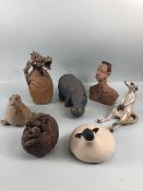 Pottery sculptures, a collection of art studio sculptures to include a Hippo, meerkat, Dragon and
