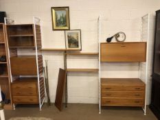 Mid Century Ladderax modular shelving system comprising two sets of drawers, one drinks cabinet, a
