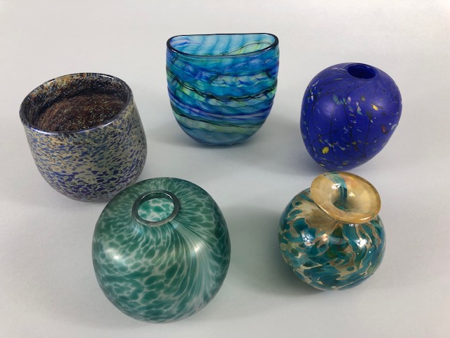 Studio art glass, 5 small hand blown glass vases in colours of blues and greens 2 with illegible
