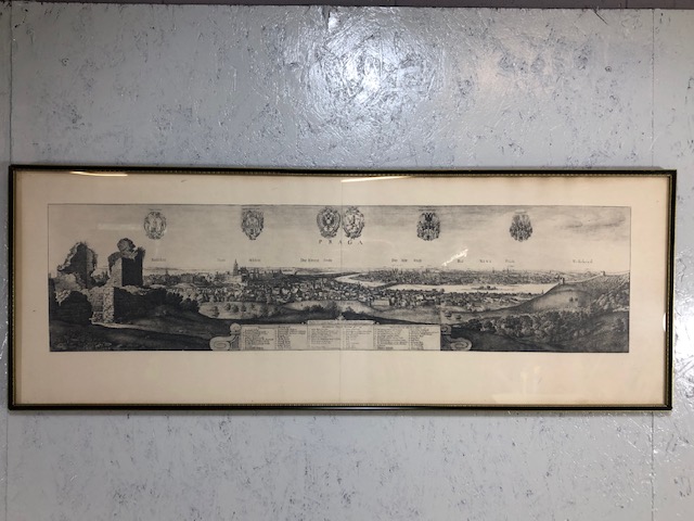 Pictures, a reproduction copper plate etching print being a panoramic picture of PRAGA, in a