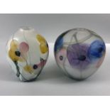 Art / Studio glass, two hand blown studio glass pots opaque layered glass with designs of poppy's in