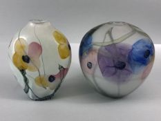 Art / Studio glass, two hand blown studio glass pots opaque layered glass with designs of poppy's in