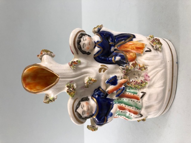 Staffordshire Figures, four pottery mantel figures, being a Scottish lady and gentleman (AF), a lady - Image 9 of 15