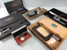 Collection of vintage precision boxed measuring tools to include makers Moore and Wright, Sharlow
