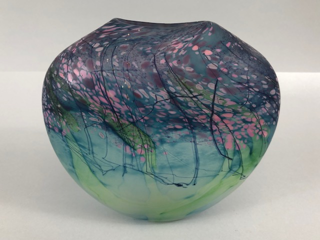 Studio / art glass, three hand blown studio glass pots of opaque greenish glass with stylised design - Image 4 of 7