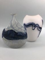 Studio art glass, two hand blown opaque glass vases both with pontil bottoms and blue marbling