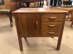 Mid Century unit with cupboard and three drawers, approx 65cm x 41cm x 62cm tall
