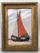 Oil on board of a sailing boat, unsigned, approx 24cm x 16cm