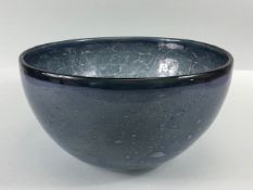 Studio art glass, large twin layered glass bowl of blue grey colour with raindrop splash design