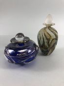 studio art glass, two hand blown sent bottles, one of blue glass with bronze and silver raised glass