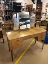Mid Century dressing table with five drawers, on tapering legs, with tri-fold adjustable mirror