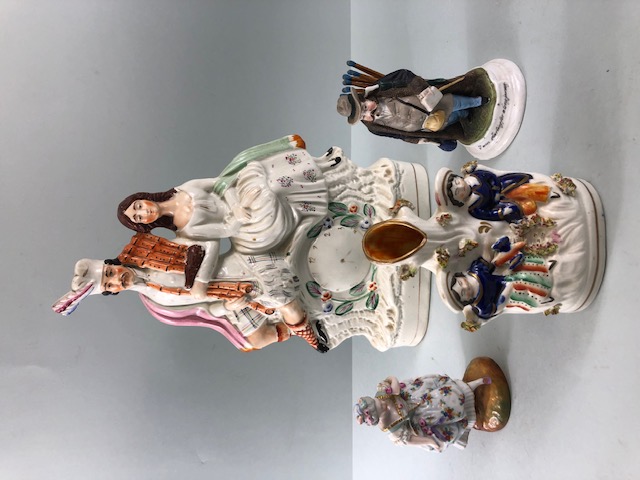 Staffordshire Figures, four pottery mantel figures, being a Scottish lady and gentleman (AF), a lady