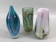 Studio Art glass, three art glass vases one of white glass with design of budding flowers one of