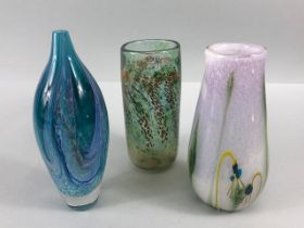 Studio Art glass, three art glass vases one of white glass with design of budding flowers one of