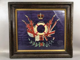 Military Interest, Framed Victorian Royal Navy Silk sweetheart picture depicting a lifebuoy