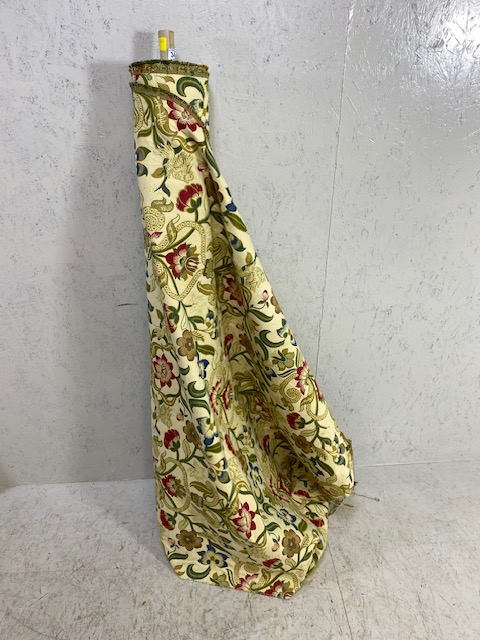 Vintage Fabric, a partial used bolster roll of brocade fabric in 18th century flower design on cream