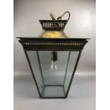 Vintage lighting, a 19th century style Porch or hall suspended taper box Lantern, patinated brass