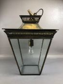 Vintage lighting, a 19th century style Porch or hall suspended taper box Lantern, patinated brass
