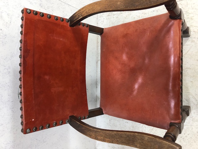 Antique red leather studded elbow chair on turned front legs with cross stretchers - Image 3 of 5