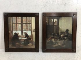 Pair of large wooden art nouveau frames containing victorian prints each approx 64cm x 78cm