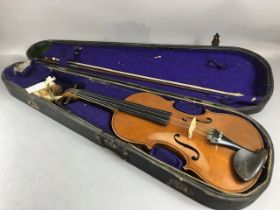 Violin, Late 19th century European Violin and Bow in case no trade label in Violin or Makers stamp