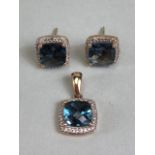 Blue cushion cut gemstone earrings and pendant set on 9ct Gold