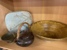 Studio Art Pottery, four items of salt glazed stone ware being a large serving bowl, Japanese teapot